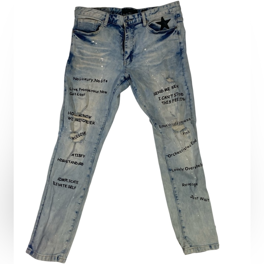 Decibel Distressed Patches Graphics Embroidered text Blue Jeans Size 36x32